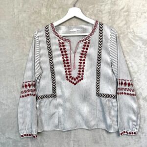 THML Linen Blend Boho Tassel Striped Embroidered Top Medium Peasant Cottagecore